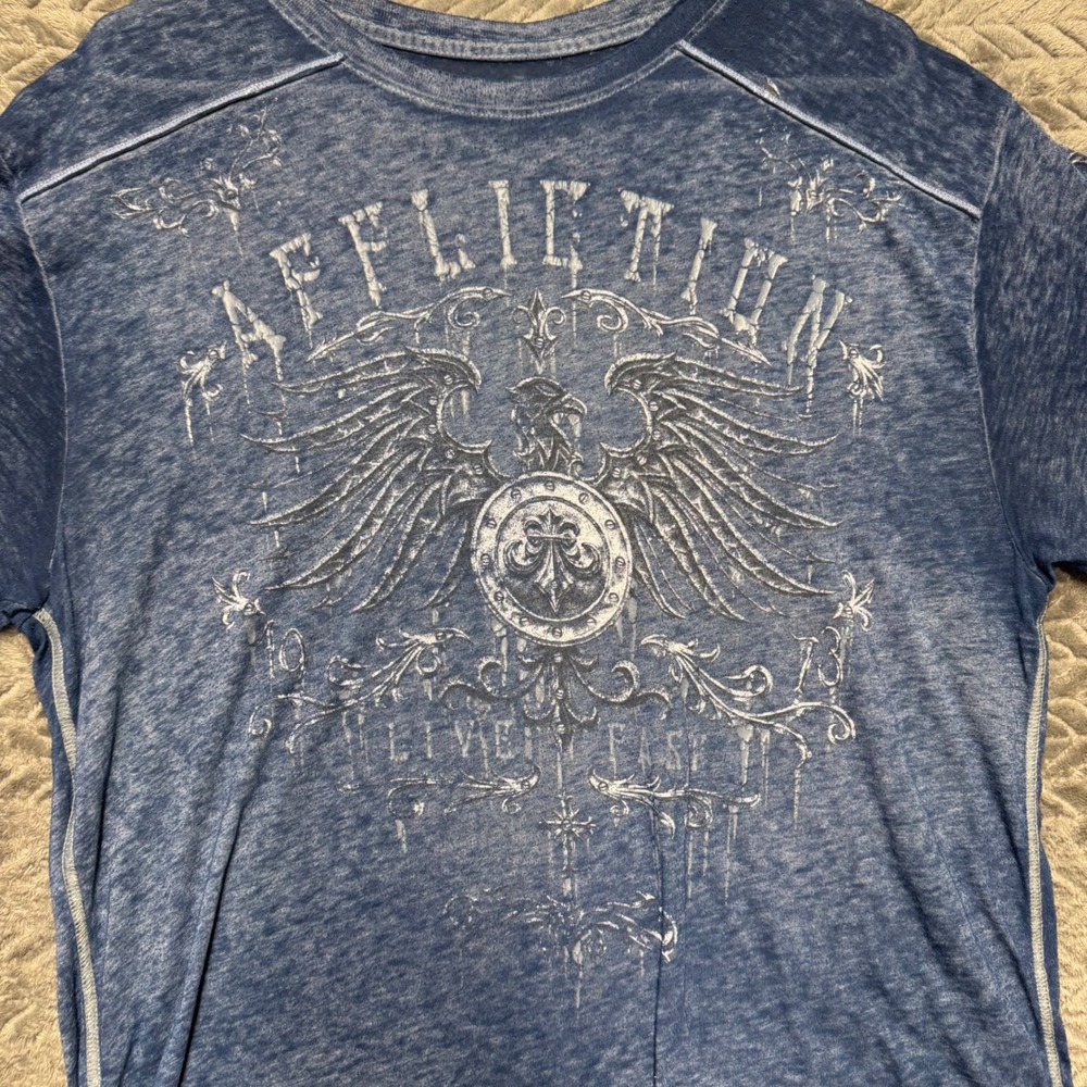 Affliction Graphic Tee XL Blue Live Fast Eagle Shield‎ Mineral Wash (1628)